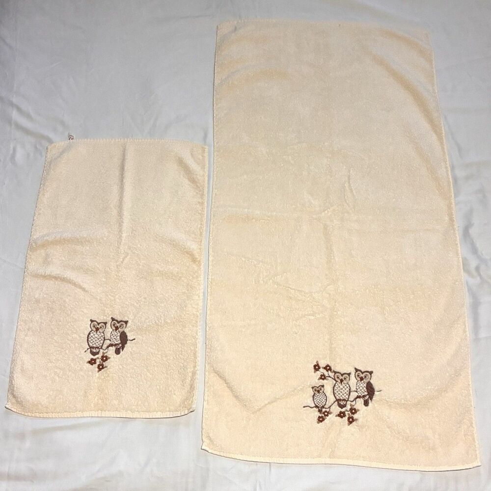 Vintage Set Embroidered Owl Bath Towel & Hand Towel R.A. Briggs Made In USA